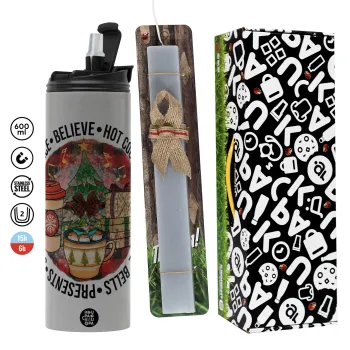 Joy, Peace, Believe, Hot Cocoa, Carols, Πασχαλινή Λαμπάδα με Travel Tumbler θερμό (600ml, BPA free) & κερί αρωματικό πλακέ (30cm) (ΓΚΡΙ)