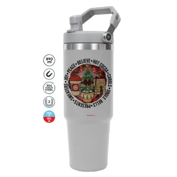 Joy, Peace, Believe, Hot Cocoa, Carols, ΓΚΡΙ χρώματος Θερμός Ανοξείδωτο 890ml (30oz) με χερούλι