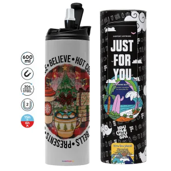 Joy, Peace, Believe, Hot Cocoa, Carols, Tumbler ποτήρι θερμό ΓΚΡΙ από ανοξείδωτο ατσάλι 600ml