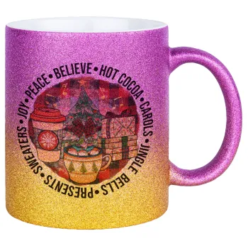 Joy, Peace, Believe, Hot Cocoa, Carols, Κούπα Χρυσή/Ροζ Glitter, κεραμική, 330ml