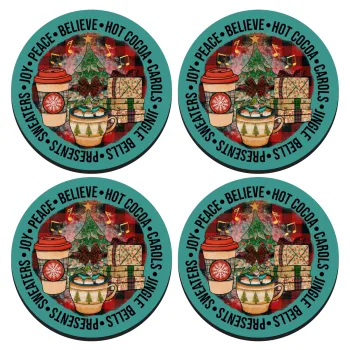 Joy, Peace, Believe, Hot Cocoa, Carols, ΣΕΤ 4 Σουβέρ ξύλινα στρογγυλά (9cm)
