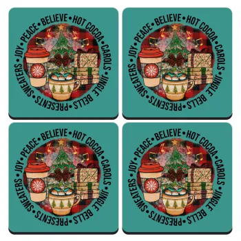 Joy, Peace, Believe, Hot Cocoa, Carols, ΣΕΤ 4 Σουβέρ ξύλινα τετράγωνα (9cm)