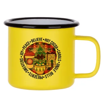 Joy, Peace, Believe, Hot Cocoa, Carols, Metallic enamel MATT Yellow cup 360ml