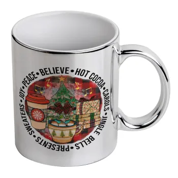 Joy, Peace, Believe, Hot Cocoa, Carols, Mug ceramic, silver mirror, 330ml
