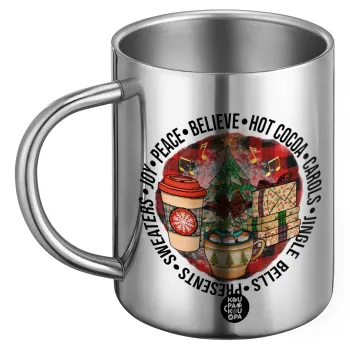 Joy, Peace, Believe, Hot Cocoa, Carols, Ανοξείδωτη Μεταλλική Κούπα 450ml - Διπλού Τοιχώματος
