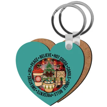 Joy, Peace, Believe, Hot Cocoa, Carols, Μπρελόκ Ξύλινο καρδιά MDF