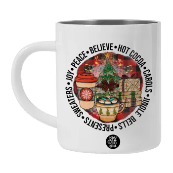Joy, Peace, Believe, Hot Cocoa, Carols, Λευκή Ανοξείδωτη Μεταλλική Κούπα 450ml - Διπλού Τοιχώματος 