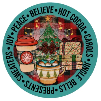 Joy, Peace, Believe, Hot Cocoa, Carols, Mousepad Στρογγυλό 20cm