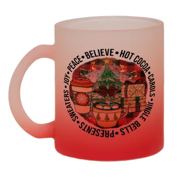 Joy, Peace, Believe, Hot Cocoa, Carols, Κούπα γυάλινη δίχρωμη με βάση το κόκκινο ματ, 330ml