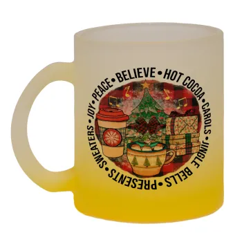 Joy, Peace, Believe, Hot Cocoa, Carols, Κούπα γυάλινη δίχρωμη με βάση το κίτρινο ματ, 330ml