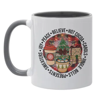 Joy, Peace, Believe, Hot Cocoa, Carols, Κούπα χρωματιστή γκρι, κεραμική, 330ml