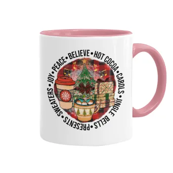 Joy, Peace, Believe, Hot Cocoa, Carols, Κούπα χρωματιστή ροζ, κεραμική, 330ml