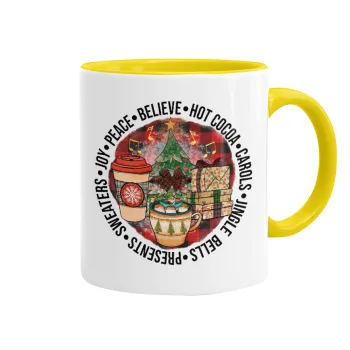 Joy, Peace, Believe, Hot Cocoa, Carols, Κούπα χρωματιστή κίτρινη, κεραμική, 330ml