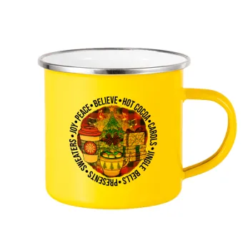 Joy, Peace, Believe, Hot Cocoa, Carols, Κούπα Μεταλλική εμαγιέ Κίτρινη 360ml