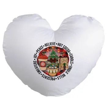 Joy, Peace, Believe, Hot Cocoa, Carols, Μαξιλάρι καναπέ καρδιά 40x40cm περιέχεται το  γέμισμα