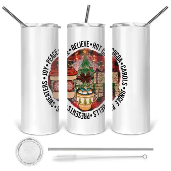 Joy, Peace, Believe, Hot Cocoa, Carols, Tumbler stainless steel 600ml, with metal straw & cleaning brush