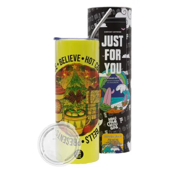 Joy, Peace, Believe, Hot Cocoa, Carols, Neon Yellow Travel Tumbler θερμό, μεταλλικό καλαμάκι(Ανωξείδωτο 304 Food grade, BPA free, 600ml)