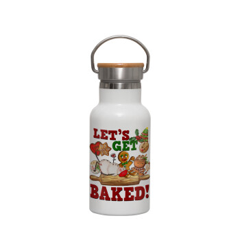 Let's get baked, Μεταλλικό παγούρι θερμός (Stainless steel) Λευκό με ξύλινο καπακι (bamboo), διπλού τοιχώματος, 350ml