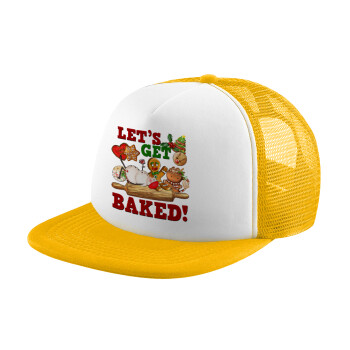 Let's get baked, Καπέλο Ενηλίκων Soft Trucker με Δίχτυ Κίτρινο/White (POLYESTER, ΕΝΗΛΙΚΩΝ, UNISEX, ONE SIZE)