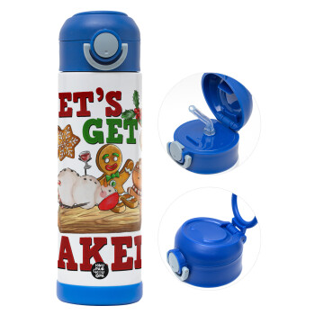 Let's get baked, Children's hot water bottle, stainless steel, with safety straw, BLUE (500ml)