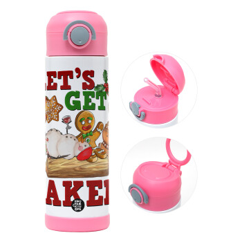 Let's get baked, Children's hot water bottle, stainless steel, with safety straw, PINK (500ml)