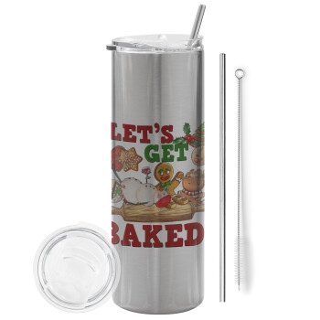Let's get baked, Eco friendly ποτήρι θερμό Ασημένιο (tumbler) από ανοξείδωτο ατσάλι 600ml, με μεταλλικό καλαμάκι & βούρτσα καθαρισμού