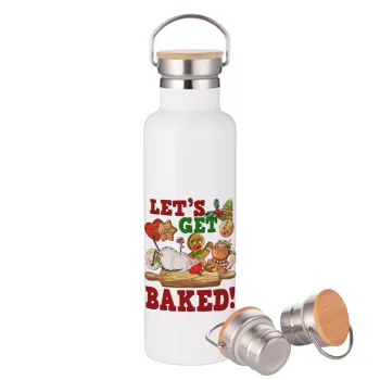 Let's get baked, Μεταλλικό παγούρι θερμός (Stainless steel) Λευκό με ξύλινο καπάκι (bamboo), διπλού τοιχώματος, 750ml