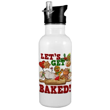 Let's get baked, Παγούρι νερού Λευκό με καλαμάκι, ανοξείδωτο ατσάλι 600ml