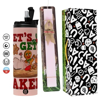 Let's get baked, Πασχαλινή Λαμπάδα με  ΡΟΖ Travel Tumbler θερμό (600ml, BPA free) & κερί αρωματικό πλακέ (30cm) (ΡΟΖ)