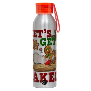 Let's get baked, Αλουμινένιο Αθλητικό Μπουκάλι 650ml – Ασημί με Κόκκινο Καπάκι και Λουράκι Σιλικόνης