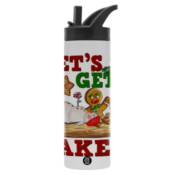 Let's get baked, Metallic thermos bottle with straw & handle, stainless steel (Stainless steel 304), double-walled, 600ml.
