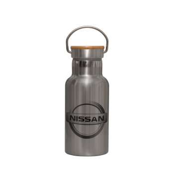 nissan, Μεταλλικό παγούρι θερμός (Stainless steel) Ασημένιο με ξύλινο καπακι (bamboo), διπλού τοιχώματος, 350ml