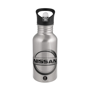 nissan, Water bottle Silver with straw, stainless steel 500ml