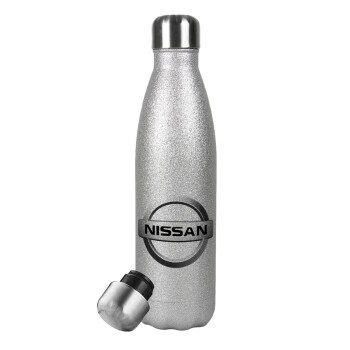 nissan, Μεταλλικό παγούρι θερμός Glitter Aσημένιο (Stainless steel), διπλού τοιχώματος, 500ml