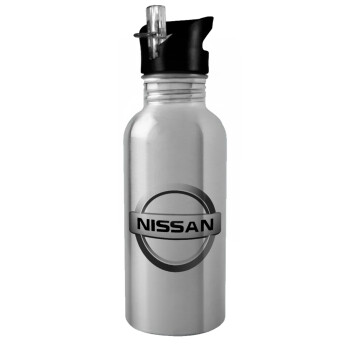 nissan, Water bottle Silver with straw, stainless steel 600ml