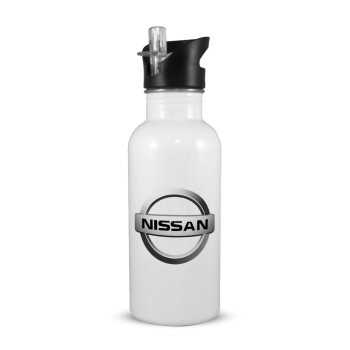 nissan, White water bottle with straw, stainless steel 600ml