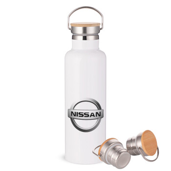 nissan, Stainless steel White with wooden lid (bamboo), double wall, 750ml