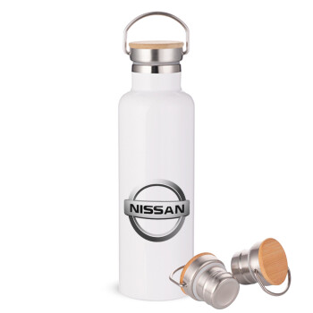 nissan, Μεταλλικό παγούρι θερμός (Stainless steel) Λευκό με ξύλινο καπάκι (bamboo), διπλού τοιχώματος, 750ml