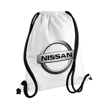 nissan, Backpack pouch GYMBAG white, with pocket (40x48cm) & thick cords
