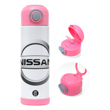 nissan, Παιδικό παγούρι θερμό, ανοξείδωτο, με καλαμάκι ασφαλείας, ΡΟΖ (500ml)