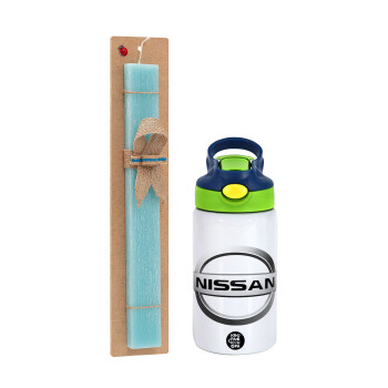 nissan, Easter Set, Children's thermal stainless steel bottle with safety straw, green/blue (350ml) & aromatic flat Easter candle (30cm) (TURQUOISE)
