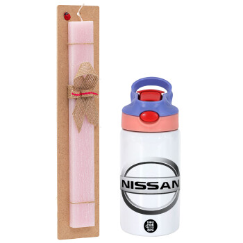 nissan, Easter Set, Children's thermal stainless steel water bottle with safety straw, pink/purple (350ml) & Easter scented flat candle (30cm) (PINK)