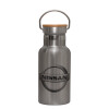 Stainless steel metallic thermos flask, silver with a bamboo lid, double-walled, 350ml.