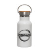 Metallic thermos (Stainless steel) White with wooden lid (bamboo), double-walled, 350ml