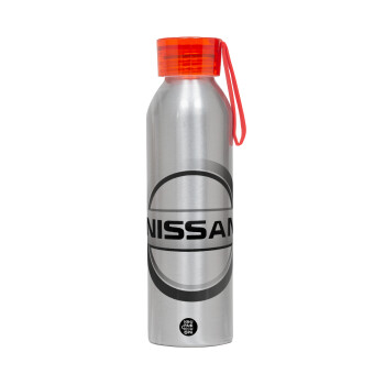 nissan, Aluminum Sports Bottle 650ml – Silver with Red Cap and Silicone Strap