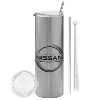 nissan, Eco friendly ποτήρι θερμό Ασημένιο (tumbler) από ανοξείδωτο ατσάλι 600ml, με μεταλλικό καλαμάκι & βούρτσα καθαρισμού