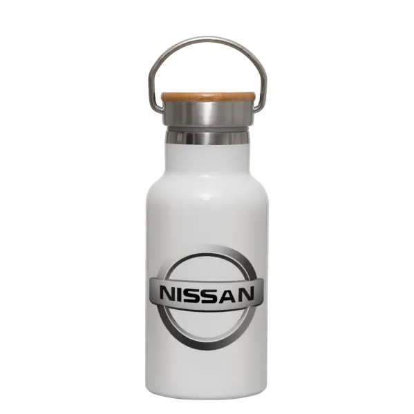 nissan — Metallic thermos (Stainless steel) White with wooden lid (bamboo), double-walled, 350ml