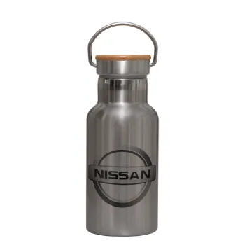 nissan, Stainless steel metallic thermos flask, silver with a bamboo lid, double-walled, 350ml.