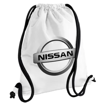nissan, Backpack pouch GYMBAG white, with pocket (40x48cm) & thick cords