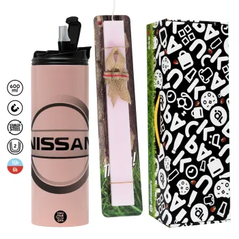 nissan, Πασχαλινή Λαμπάδα με  ΡΟΖ Travel Tumbler θερμό (600ml, BPA free) & κερί αρωματικό πλακέ (30cm) (ΡΟΖ)